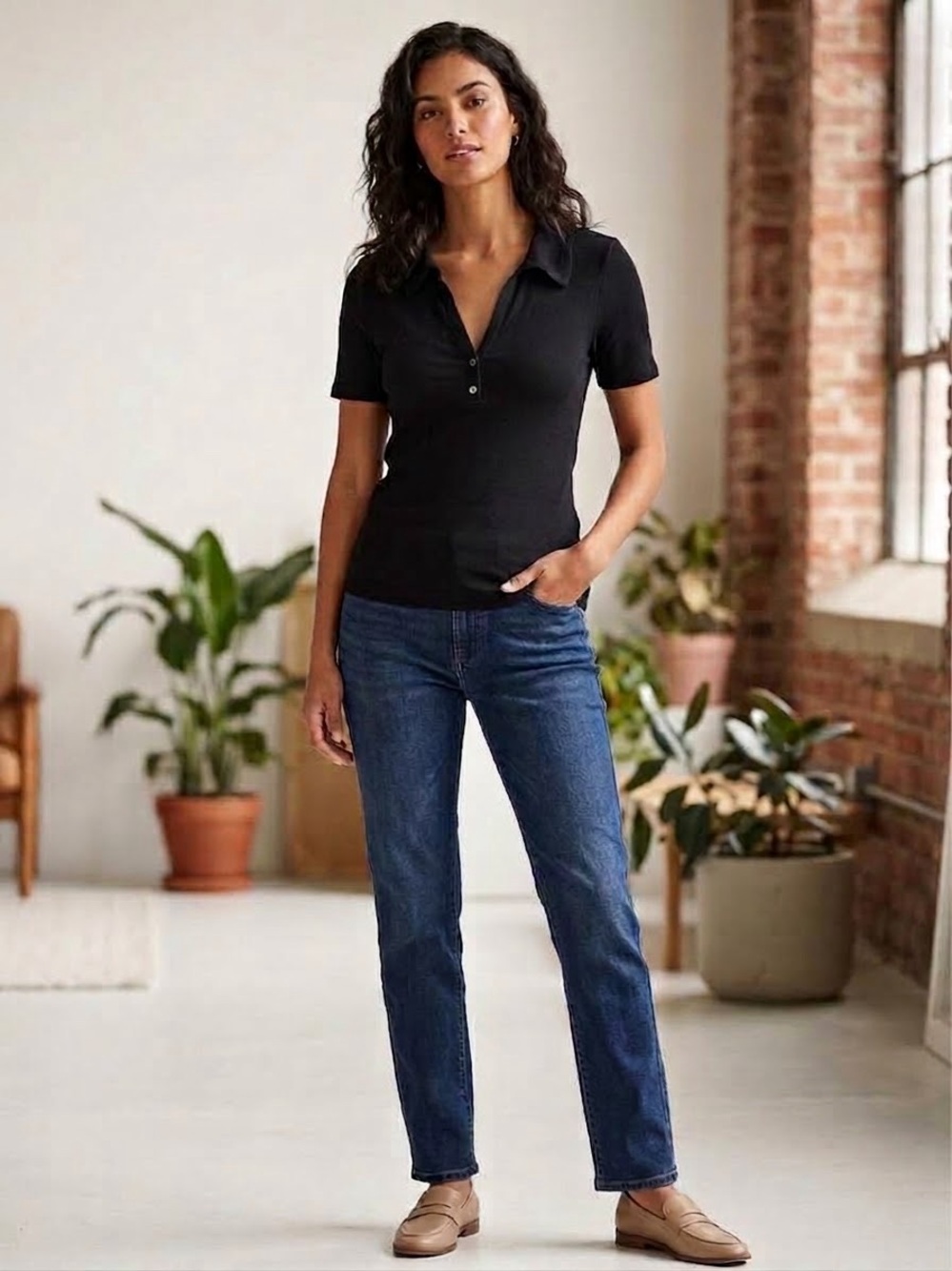 Zara Black Short-Sleeve Polo Blouse
